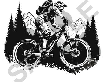 Könnte beinhalten: Schwarzweiß-Illustration eines Mountainbikers, der mit einem Mountainbike durch einen Wald fährt. Der Biker trägt einen Helm und einen Rucksack. Das Fahrrad hat eine Federgabel und Scheibenbremsen.
