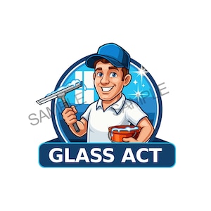 May include: A cartoon logo for a window cleaning service. The image features a smiling man in a blue cap and white shirt holding a squeegee and a bucket of soapy water. The text "GLASS ACT" is displayed on a blue banner.