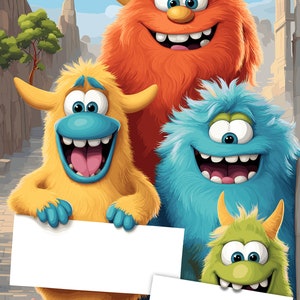 Image de monstre maladroit tenant des tableaux vierges (ajoutez votre propre message). Carte d'anniversaire ou poster personnalisé. Format A3 PNG et SVG inclus.