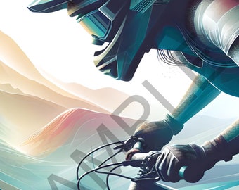Female MTB rider illustration, colorful digital download of Woman Mountain Biker, large JPEG & PNG files for download.