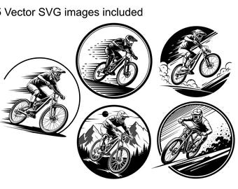 5 odznak/logo rowerów górskich, plik wektorowy (format SVG), edytowalne, przezroczyste tła. Idealne dla klubów MTB, brandingu i gadżetów.