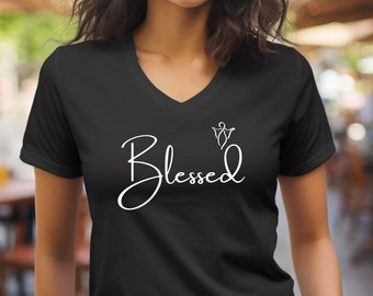 Blessed-Unisex V-Neck T-shirt-Religious Shirt, Christian shirt, Angel, Inspirational Shirt, Spiritual Gift, Christian Gift, Gift for Her