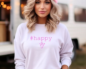Happiness Sweatshirt with #Happy message and Angel graphic in Pink is Positive Affirmation Apparel That Promotes Positivity