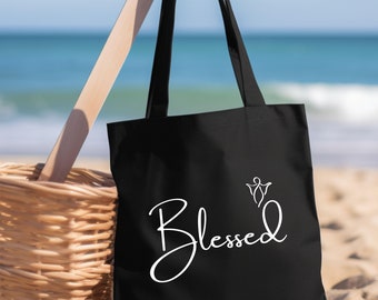 Blessed-Canvas Tote Bag, Tote Bag, Summer Bag, Beach Bag, baby Shower Gift, Pool Bag, Christian Gift, Birthday Gift, New Mom Gift
