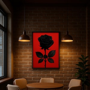 Gothic Black Rose Wall Art – Dark Floral Print on Red Background