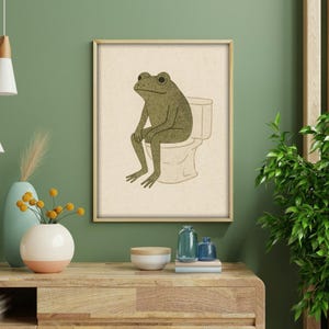 Funny Frog on Toilet Art Print – Quirky Bathroom Wall Decor