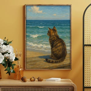 Tabby Cat Gazing at the Ocean – Peaceful Seaside Animal Wall Art
