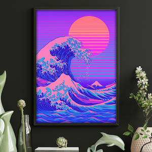 Póster de la Gran Ola de Vaporwave: Impresión oceánica japonesa retro con puesta de sol de neón