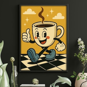 Impresión de arte mural de estilo vintage con personaje de taza de café retro