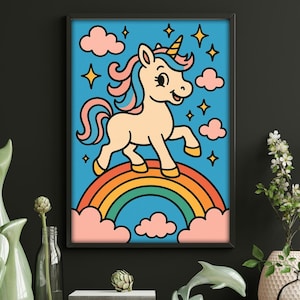 Lindo arte de pared retro de unicornio arcoíris para habitación infantil: estilo caricatura colorida