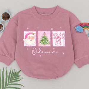 Barboteuse de Noël rose rétro personnalisée, body personnalisé avec prénom pour le premier Noël de bébé, tenue d'hiver pour bébé, vêtements de Noël pour bébé, cadeau de naissance