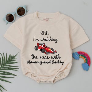 Watching the Race with Mommy and Daddy Romper – Funny Racing Baby Bodysuit – Baby Boy Girl Race Car Outfit – Baby Shower Gift