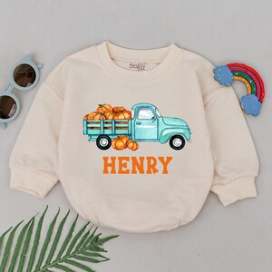 Personalized Pumpkin Truck Romper, Pumpkin Baby Romper, Fall Kids Outfit, First Thanksgiving, Natural Pumpkin Spice Gift, Thanksgiving Gift