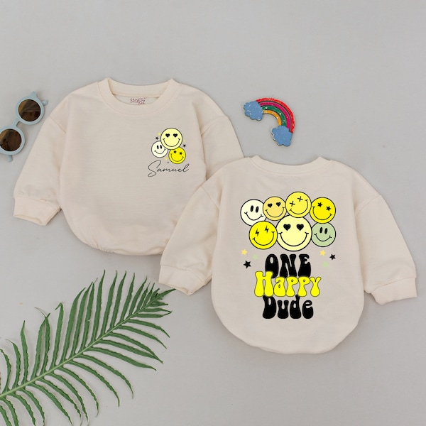 One Happy Dude Romper, First Birthday Outfit, Smiley Face Bodysuit, Baby Boy Clothes, 1st Birthday Boy, One Year Old Gift, Newborn Outfits