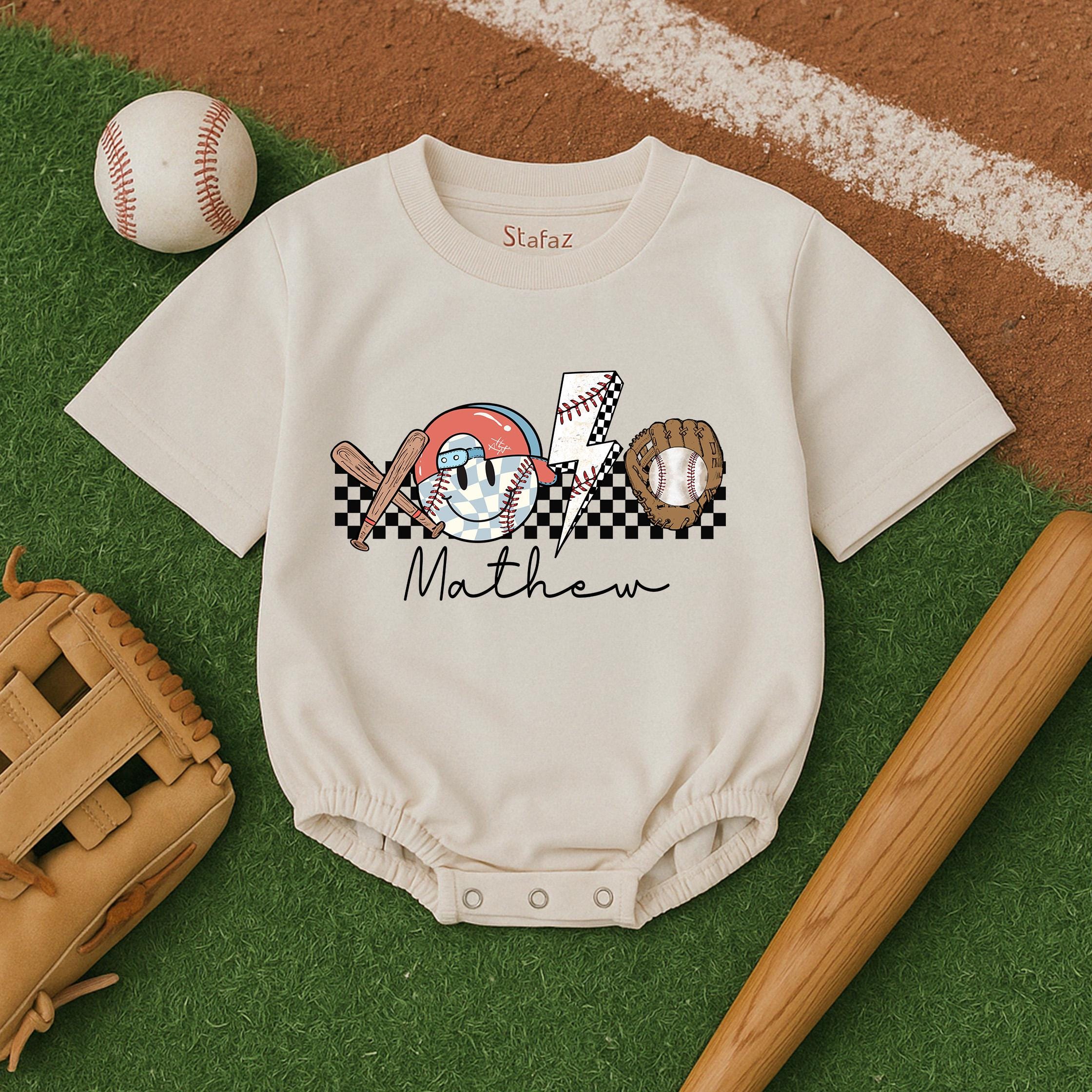 Personalized Game Day Baseball Short Sleeve Romper, Retro Baseball Baby Outfits, Gameday Season, Bubble Romper, Baby Boy Baseball Outfit Kid