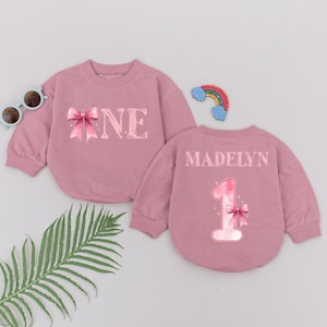 Personalized Pink Bow Birthday Romper, First Birthday Girl Outfit, 1st Birthday Theme Bodysuit, One Year Old Party Outfit, Birthday Gift