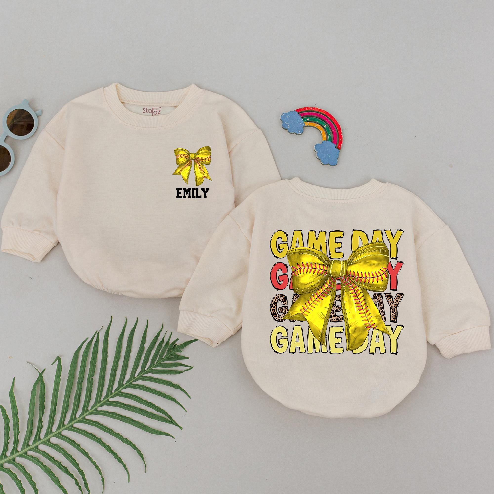 Personalized Game Day Softball Romper, Gameday Season Gifts, Retro Softball Bow Outfit, Natural Bubble Romper, Baby Girl Softball Outfit Kid