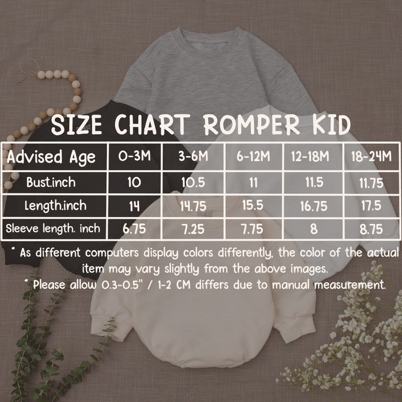 May include: Size chart for a romper for kids, showing measurements in inches for bust, length, and sleeve length for sizes 0-3 months, 3-6 months, 6-12 months, 12-18 months, and 18-24 months.