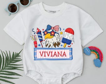 Personalized 4th Of July Baby Romper, Custom Name Independence Day Gift for Girl, American Fireworks and Ice Cream Newborn Clothes