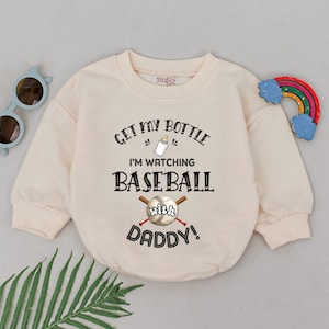 Get My Bottle I'm Watching Baseball With Daddy Romper, Baseball Baby Gift, Father's Day Outfit, Baby Boy Baseball Outfit Kid, Natural Romper