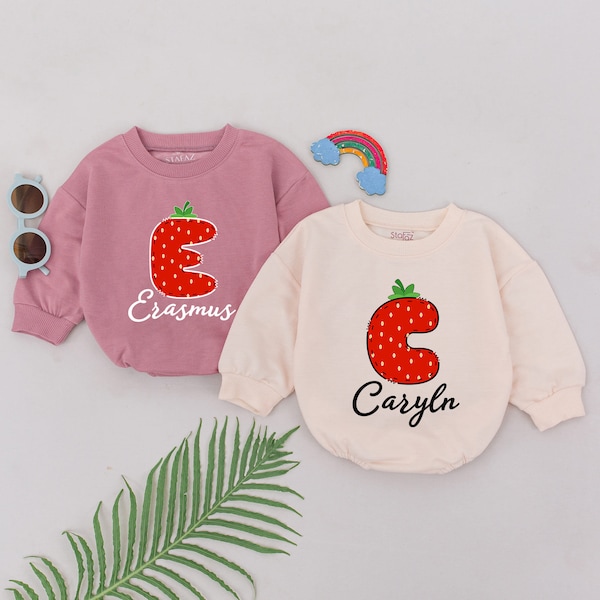 Personalized Strawberry Summer Baby Romper, Strawberry Baby Girl Outfit, Fruit Initial Name Bodysuit, Bubble Romper, Baby Shower Gift