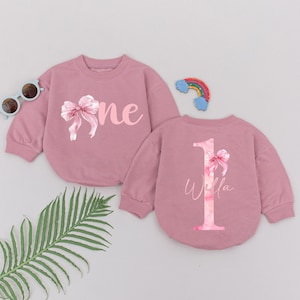 Personalized Pink Bow First Birthday Romper, Birthday Girl Outfit, 1st Birthday Theme Bodysuit, One Year Old Party Outfit, Birthday Gift