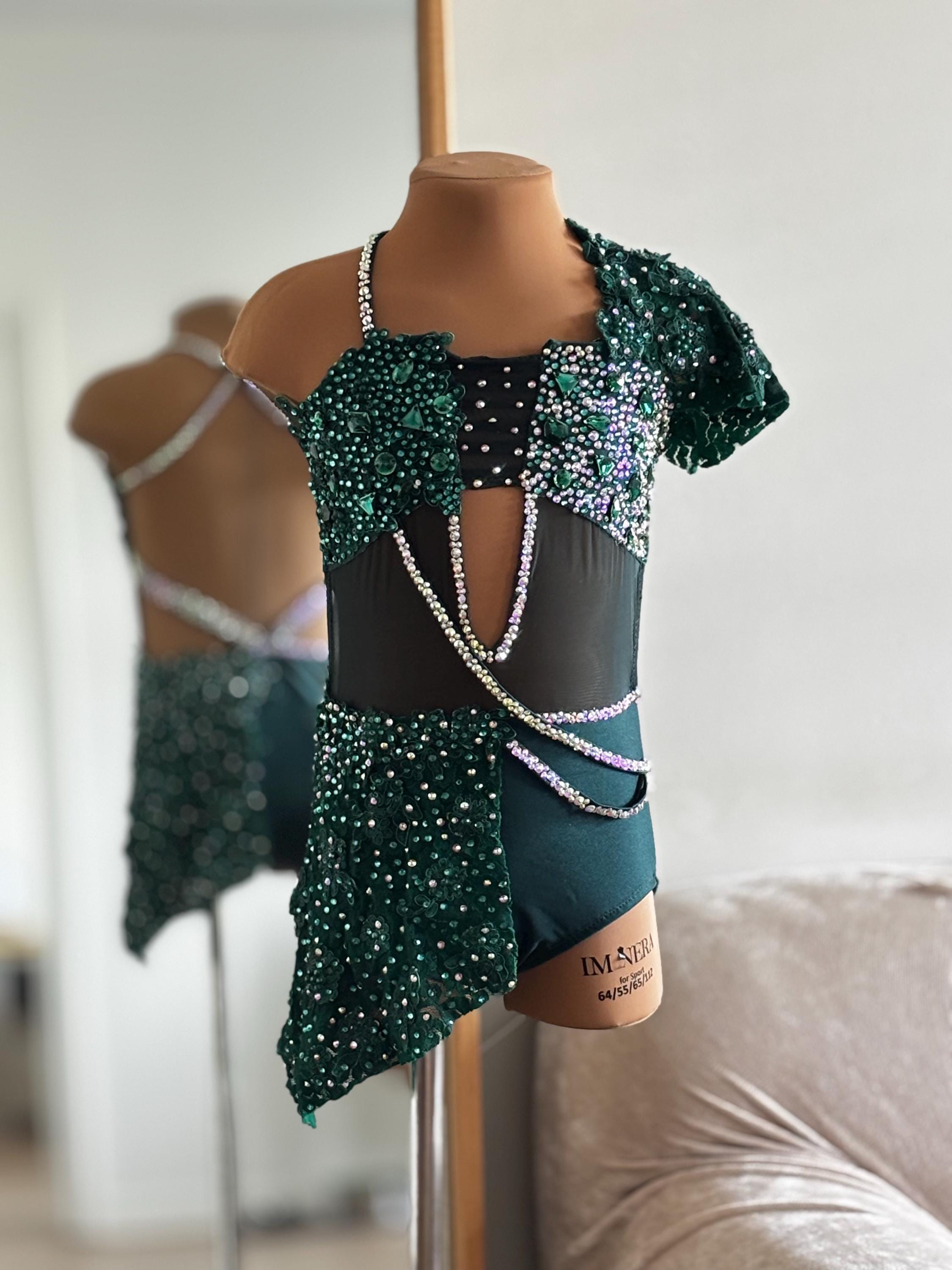 New Design Dance Costume Customizable Lyrical/contemporary Solo Costume One-piece Side Appliquéd Skirt in Dark Green