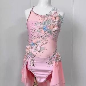 HANDMADE Dance Costume Customizable Lyrical Solo Costume Dress in Pink with Flowers Rhinestones