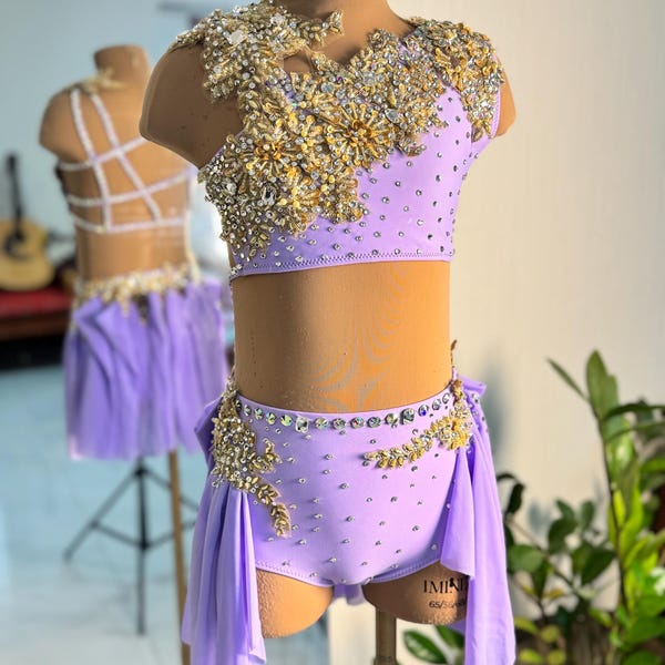HANDMADE Dance Costume Customizable Lyrical Solo Costume Dress skirt in Purple with Rhinestones