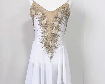 HANDMADE Dance Costume Customizable Lyrical  Contemporary Dress in white gold with Rhinestones with skirt one piece for dance competitions