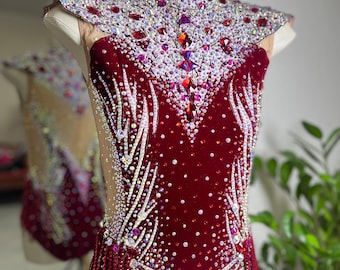 HANDMADE Dance Costume Customizable Jazz Solo Costume Red Fully Rhinestoned Music Theater Costume/Rhythmic gymnastics Leotard/Figure skating