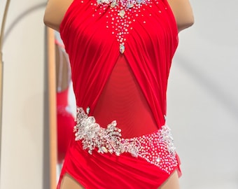 Traje de competición de baile solista personalizable lírico contemporáneo de dos piezas con falda con diamantes de imitación, el tocado se puede comprar por separado