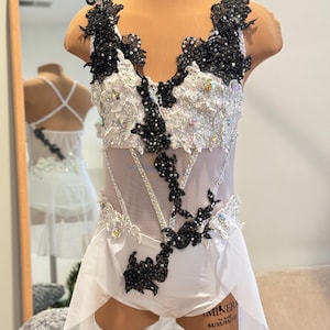Ready to Ship HANDMADE Dance Costume Customizable Lyrical Contemporary Solo Costume Dress skirted with Rhinestones two-piece White and Black