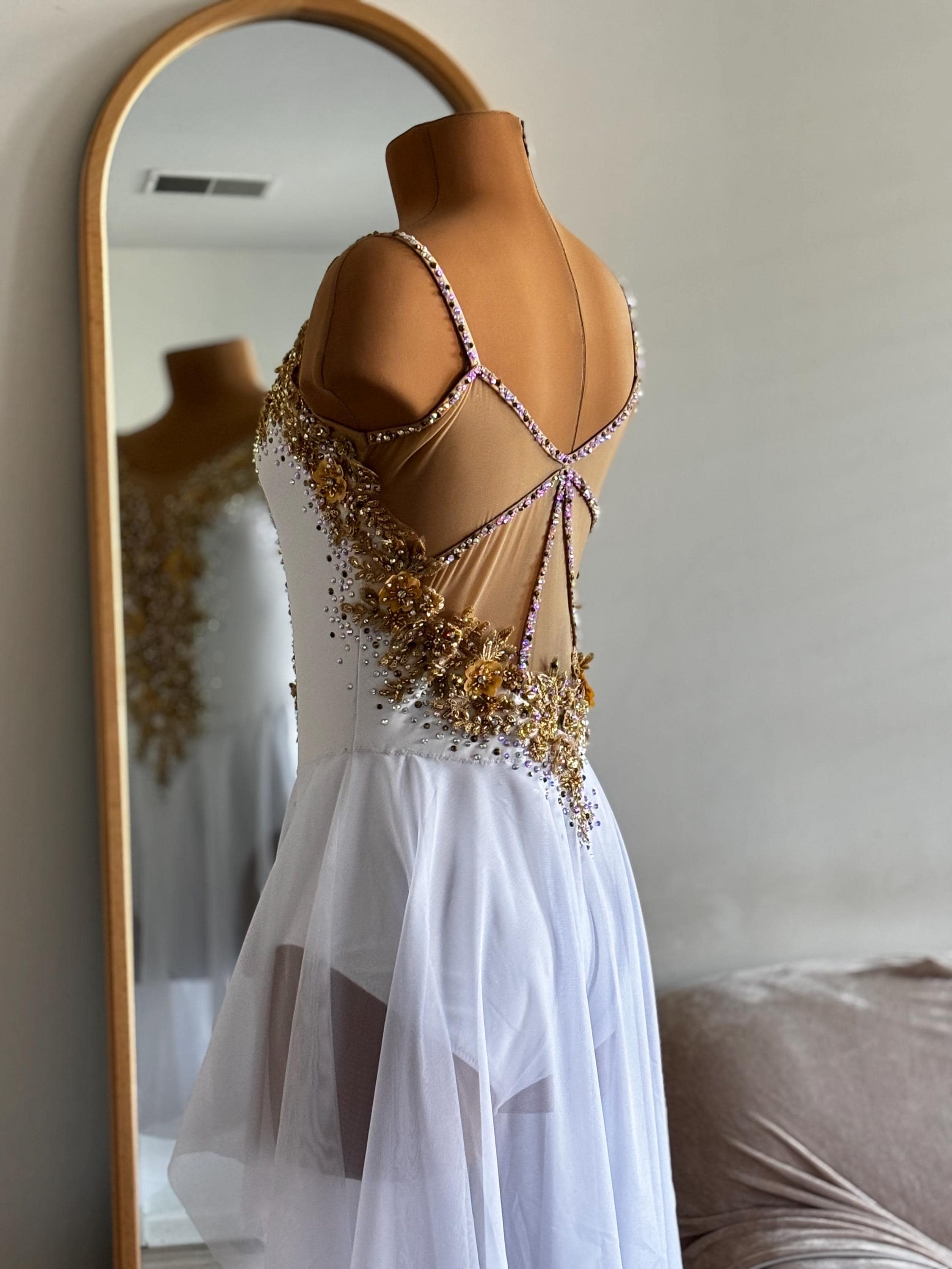 white and gold dance dress HANDMADE Dance Costume Customizable Lyrical Contemporary Dress in White Gold  With Rhinestones With Skirt One Piece for Dance Competitions