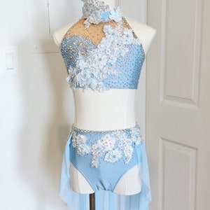 HANDMADE Dance Competition Costume Customizable Lyrical Contemporary Solo Rhinestoned light blue, headpiece can be purchased separately