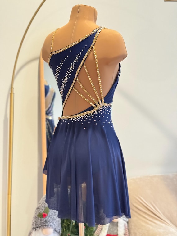 HANDMADE Dance Costume Customizable Lyrical Contemporary Solo Costume Dress in blue and gold with Rhinestones
