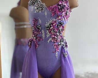 HANDMADE Dance Competition Costume Customizable Lyrical Solo Costume Dress in Purple with Rhinestones any color you choose