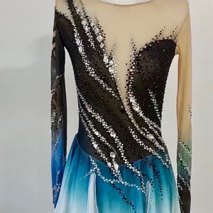 HANDMADE Figure Skating Customizable Solo Dress Costume blue Fully Rhinestoned/Can be turned into a contemporary solo dress