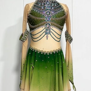 HANDMADE Figure Skating Customizable Solo Dress Costume Green Fully Rhinestoned/Can be turned into a contemporary solo dress