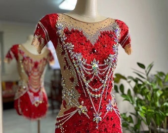 Ready to ship HANDMADE Dance Costume Customizable Jazz Solo Costume Red Fully Rhinestoned Music Theater Costume/Rhythmic gymnastics Leotard