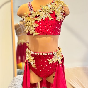 Ready to Ship HANDMADE Dance Costume Customizable Lyrical Solo Costume Dress skirt in red with Rhinestones and Appliqués