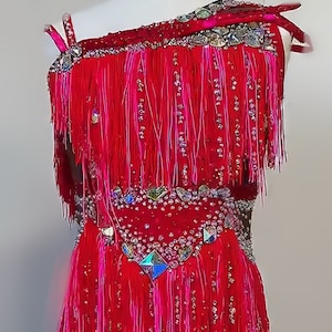HANDMADE Dance Costume Customizable Jazz Solo Fun Neon red and pink ballroom Fully Rhinestoned Music Theater/Rhythmic gymnastics Leotard
