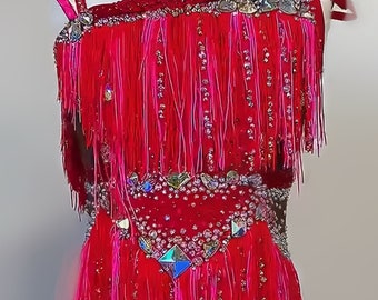 HANDMADE Dance Costume Customizable Jazz Solo Fun Neon red and pink ballroom Fully Rhinestoned Music Theater/Rhythmic gymnastics Leotard