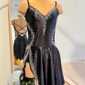 HANDMADE Dance Costume Customizable Lyrical Contemporary Solo Costume Slip Dress in black with Rhinestones/laces/double layered skirt
