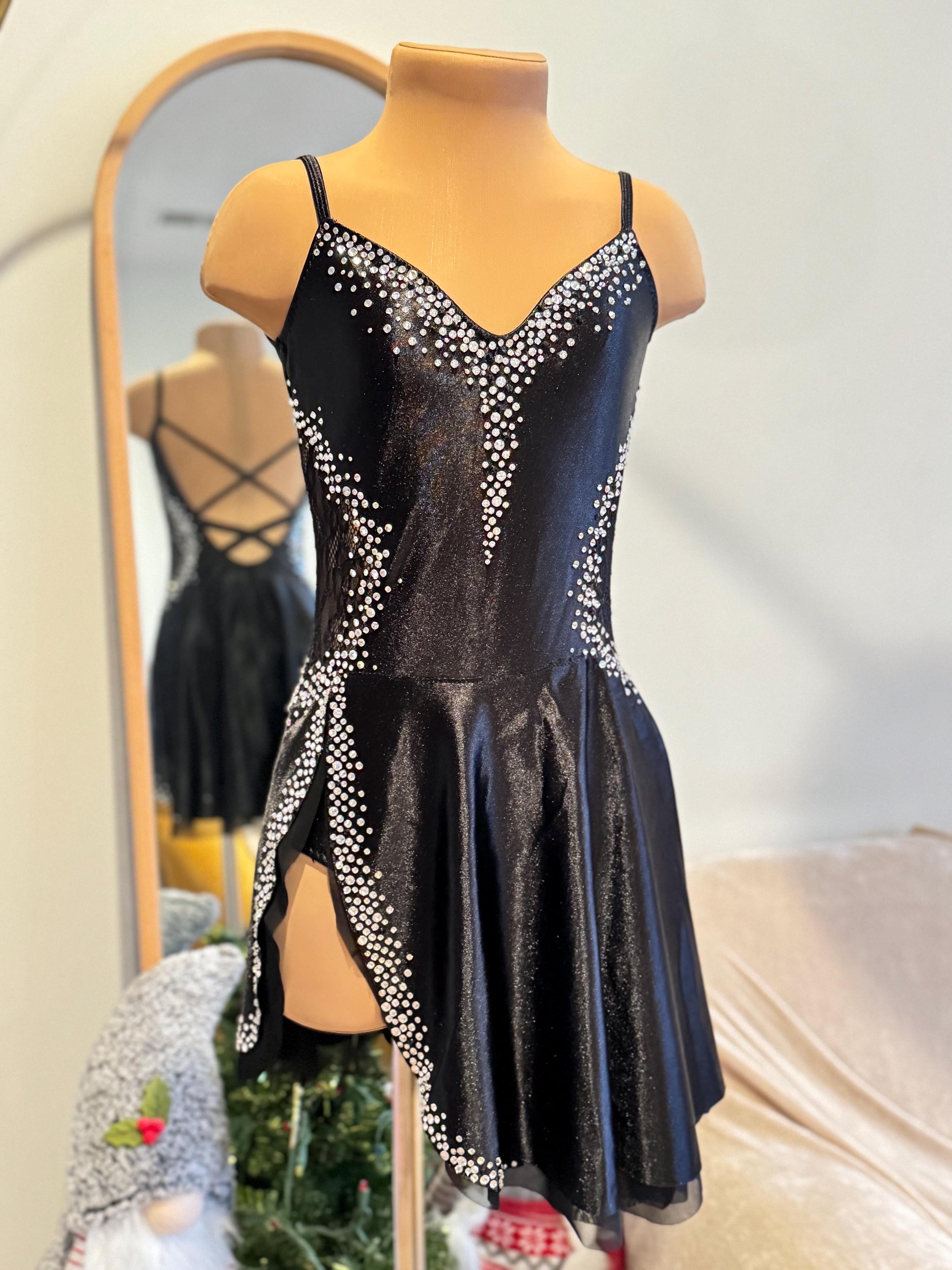 HANDMADE Dance Costume Customizable Lyrical Contemporary Solo Costume Slip Dress in Black with Rhinestones/laces/double layered skirt