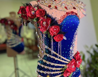 HANDMADE Dance Costume Customizable Jazz Solo Costume Fully Rhinestoned with Flowers Music Theater Costume/Rhythmic gymnastics Leotard RG