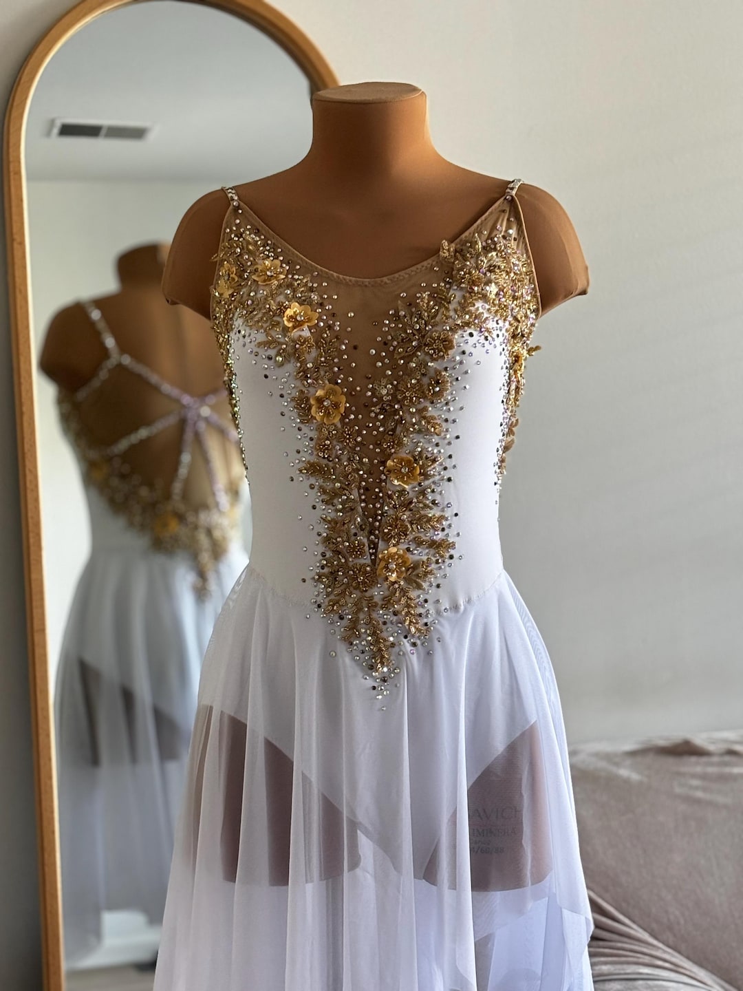 HANDMADE Dance Costume Customizable Lyrical Contemporary Dress in White  Gold With Rhinestones With Skirt One Piece for Dance Competitions - Etsy