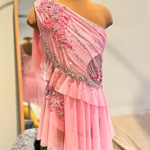 HANDMADE Dance Costume Customizable Lyrical Solo Costume Dress in Pink with appliqués and rhinestones flowy skirt one-piece