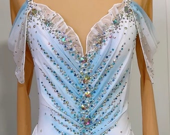 HANDMADE Figure Skating Customizable Solo Dress Costume white and blue Fully Rhinestoned/Can be turned into a dance solo dress costume