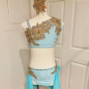 HANDMADE Dance Costume Customizable Lyrical Solo Costume Dress skirt in blue with Rhinestones and Appliqués